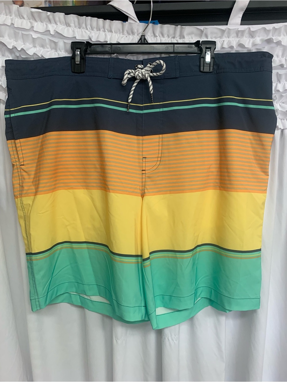 Sonoma Men's Navy, Yellow & Teal Stripe Swim Board Shorts
